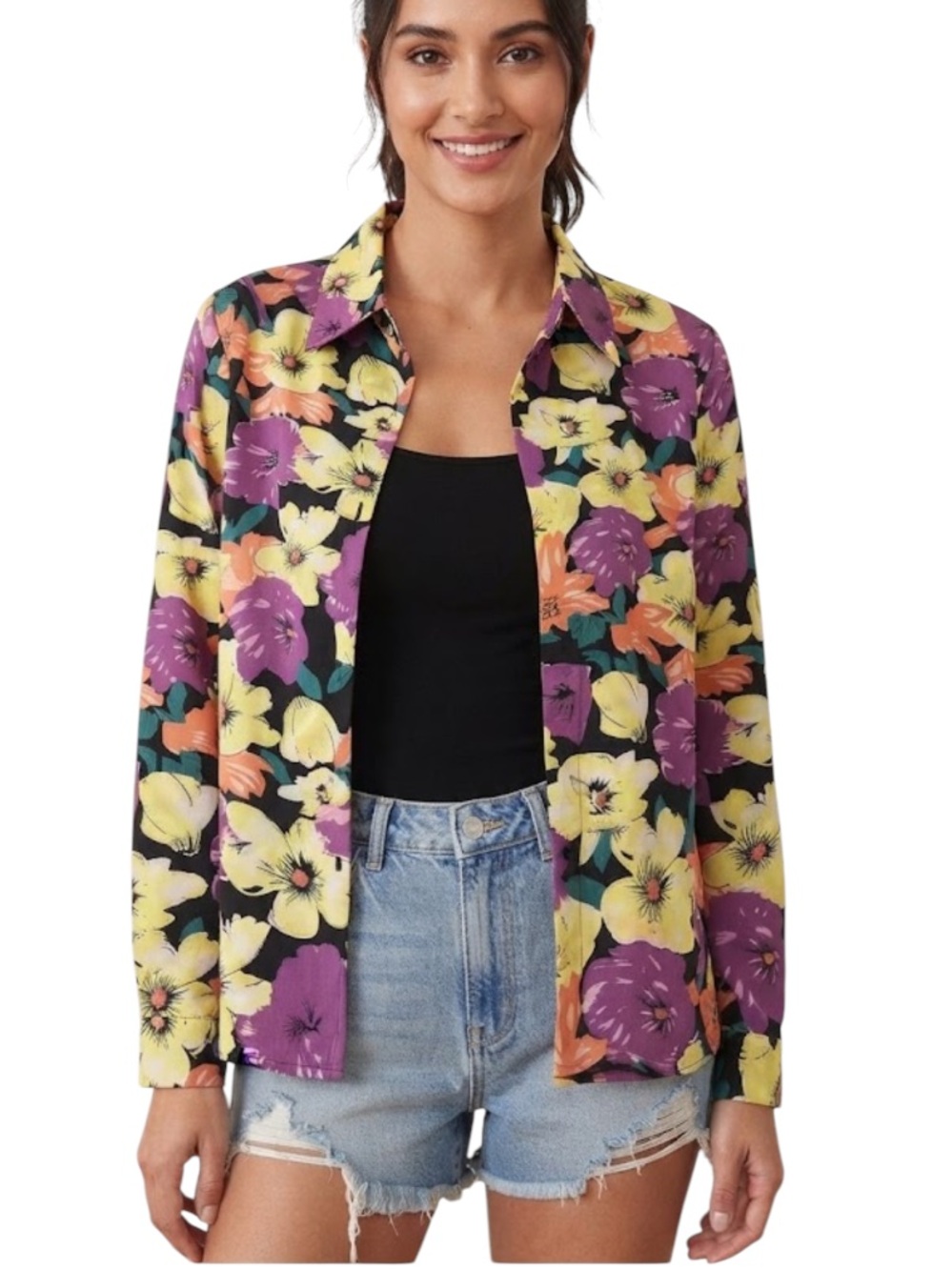 SHEIN VCAY Full Floral Printed Long Sleeve Women'S Shirt size M new without tag